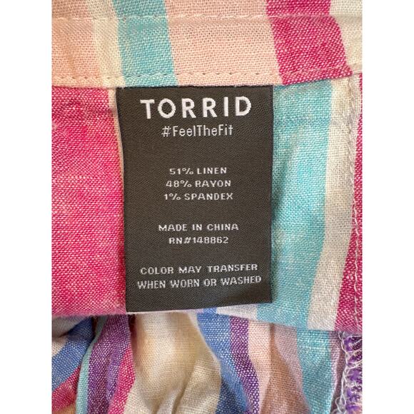 Torrid Plus 16‎ Linen Shorts Purple Pink Stripe Tie Waist Stretch Pockets - Picture 4 of 7